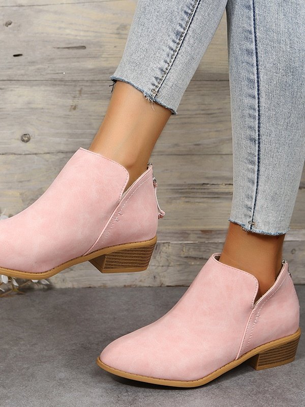 British Style Four Seasons Solid Color Pointed Toe Casual Rear Zipper Low Heel Thick Heel Single Shoes
