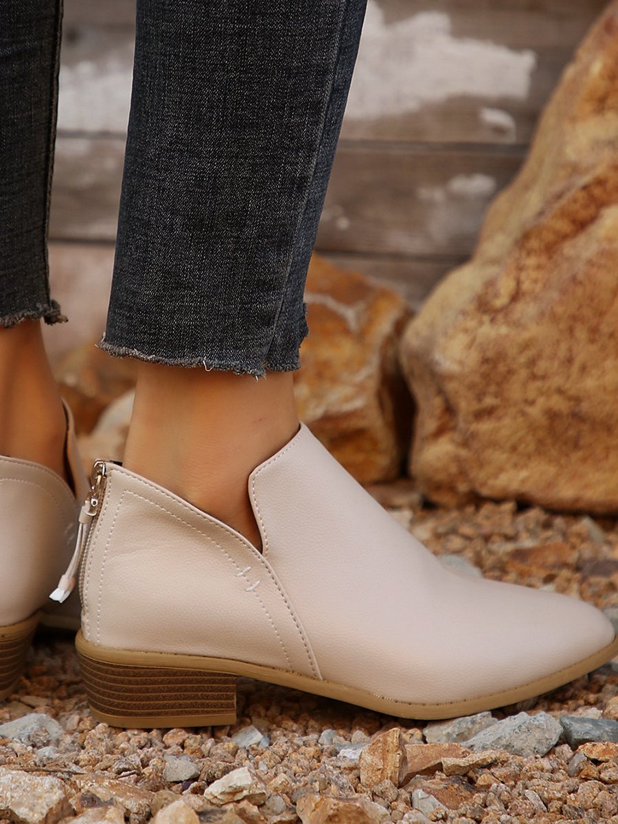 British Style Four Seasons Solid Color Pointed Toe Casual Rear Zipper Low Heel Thick Heel Single Shoes