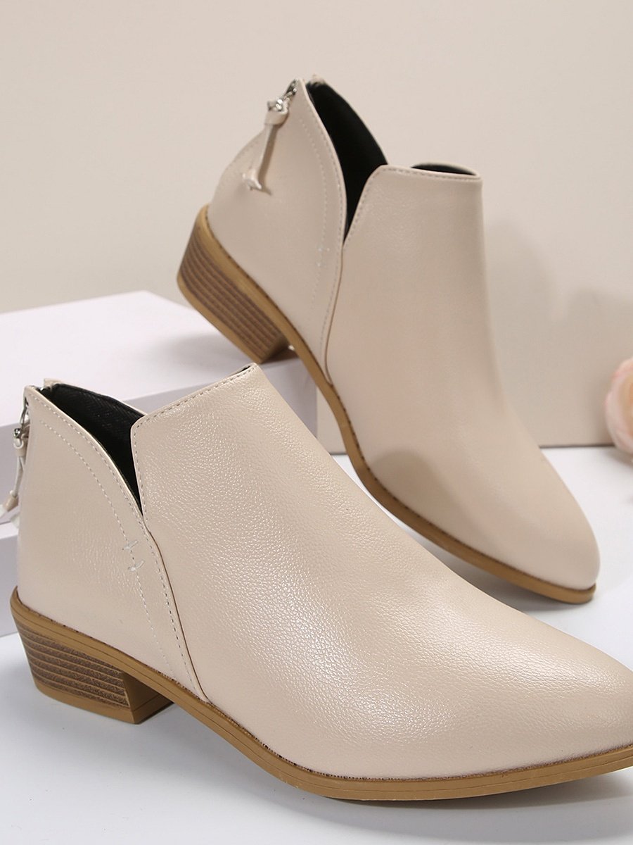 British Style Four Seasons Solid Color Pointed Toe Casual Rear Zipper Low Heel Thick Heel Single Shoes