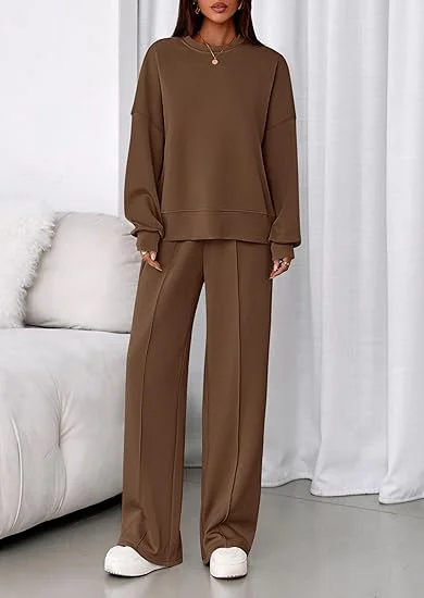 Plain Casual Crew Neck Two-Piece Set