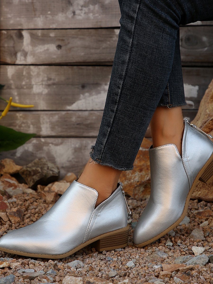 British Style Four Seasons Solid Color Pointed Toe Casual Rear Zipper Low Heel Thick Heel Single Shoes