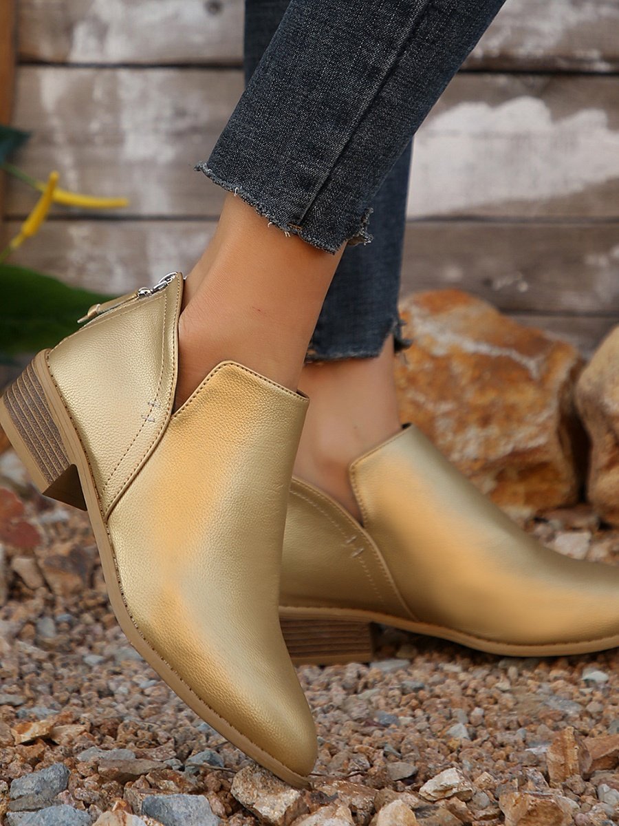 British Style Four Seasons Solid Color Pointed Toe Casual Rear Zipper Low Heel Thick Heel Single Shoes