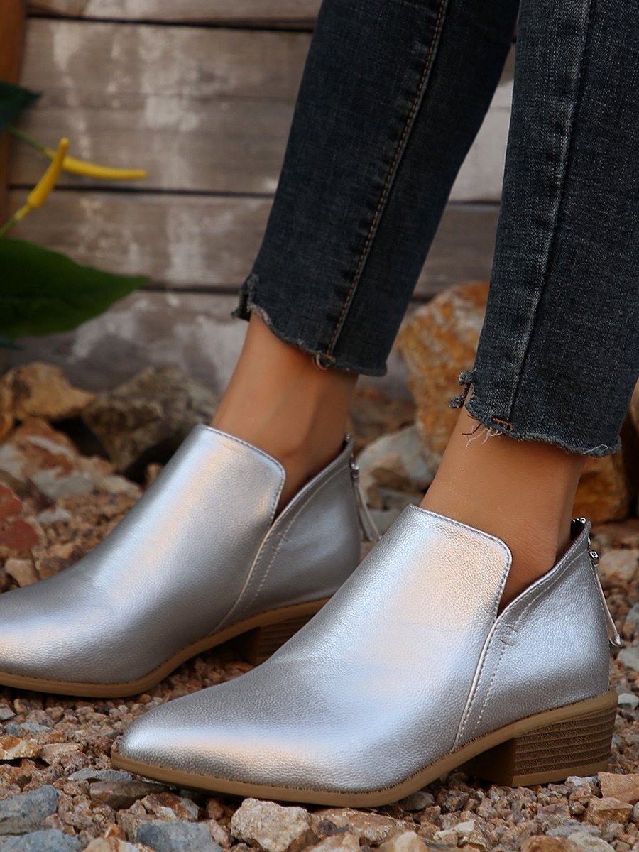 British Style Four Seasons Solid Color Pointed Toe Casual Rear Zipper Low Heel Thick Heel Single Shoes