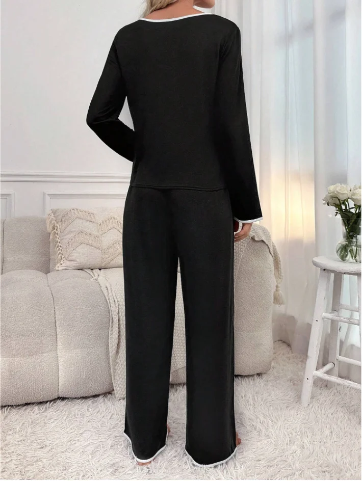Solid Color V-Neck Loose Comfortable Casual Home Drawstring Trousers Suit Leisure Good Sleep Two-Piece Suit