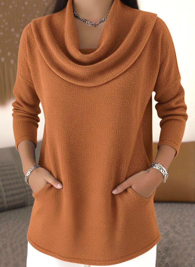 Women Plain Mock Neck Casual Long Sleeve T-shirt