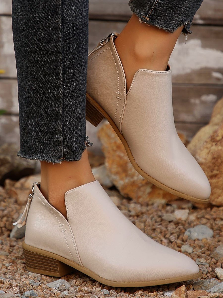 British Style Four Seasons Solid Color Pointed Toe Casual Rear Zipper Low Heel Thick Heel Single Shoes