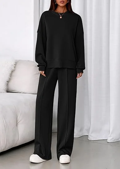 Plain Casual Crew Neck Two-Piece Set