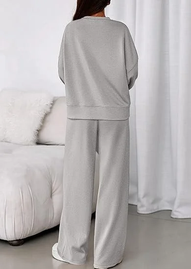 Plain Casual Crew Neck Two-Piece Set