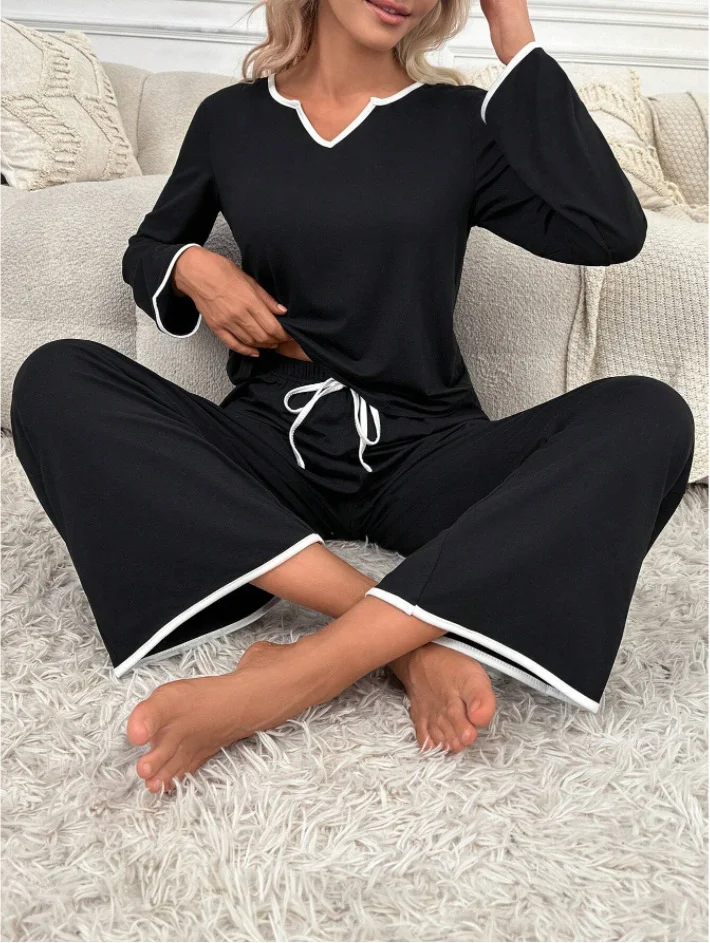 Solid Color V-Neck Loose Comfortable Casual Home Drawstring Trousers Suit Leisure Good Sleep Two-Piece Suit