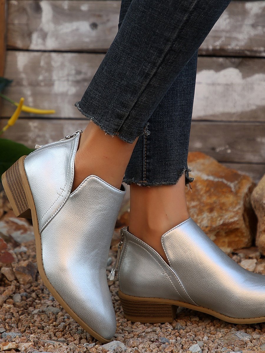 British Style Four Seasons Solid Color Pointed Toe Casual Rear Zipper Low Heel Thick Heel Single Shoes