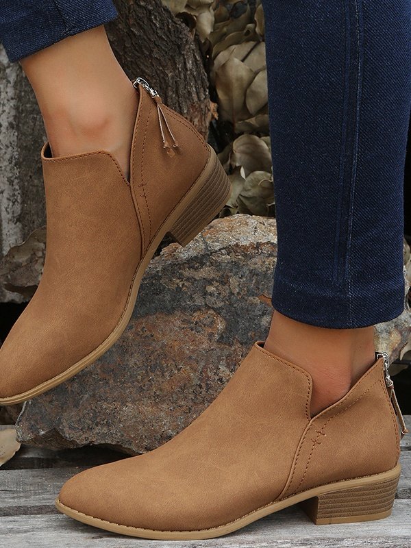 British Style Four Seasons Solid Color Pointed Toe Casual Rear Zipper Low Heel Thick Heel Single Shoes