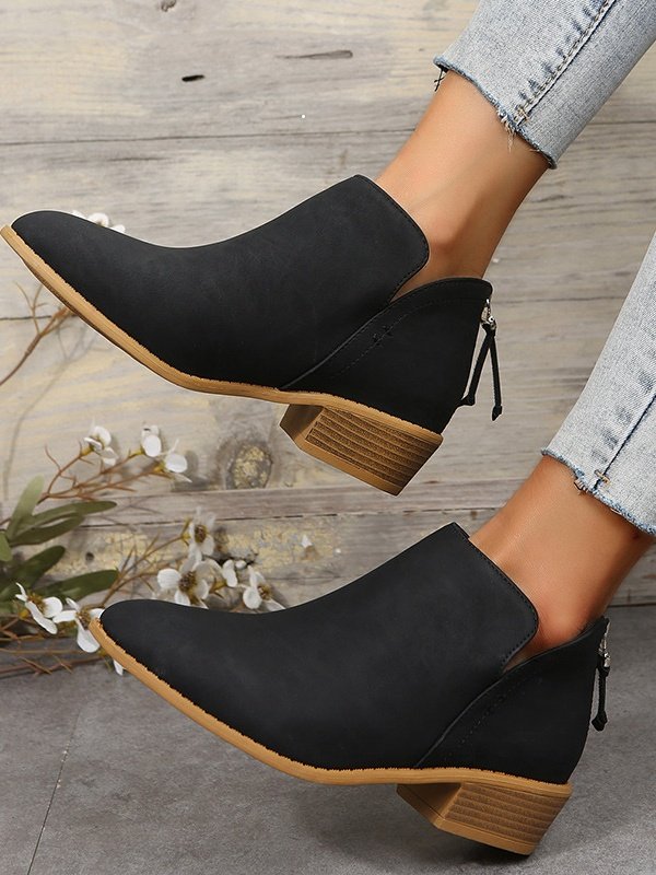British Style Four Seasons Solid Color Pointed Toe Casual Rear Zipper Low Heel Thick Heel Single Shoes