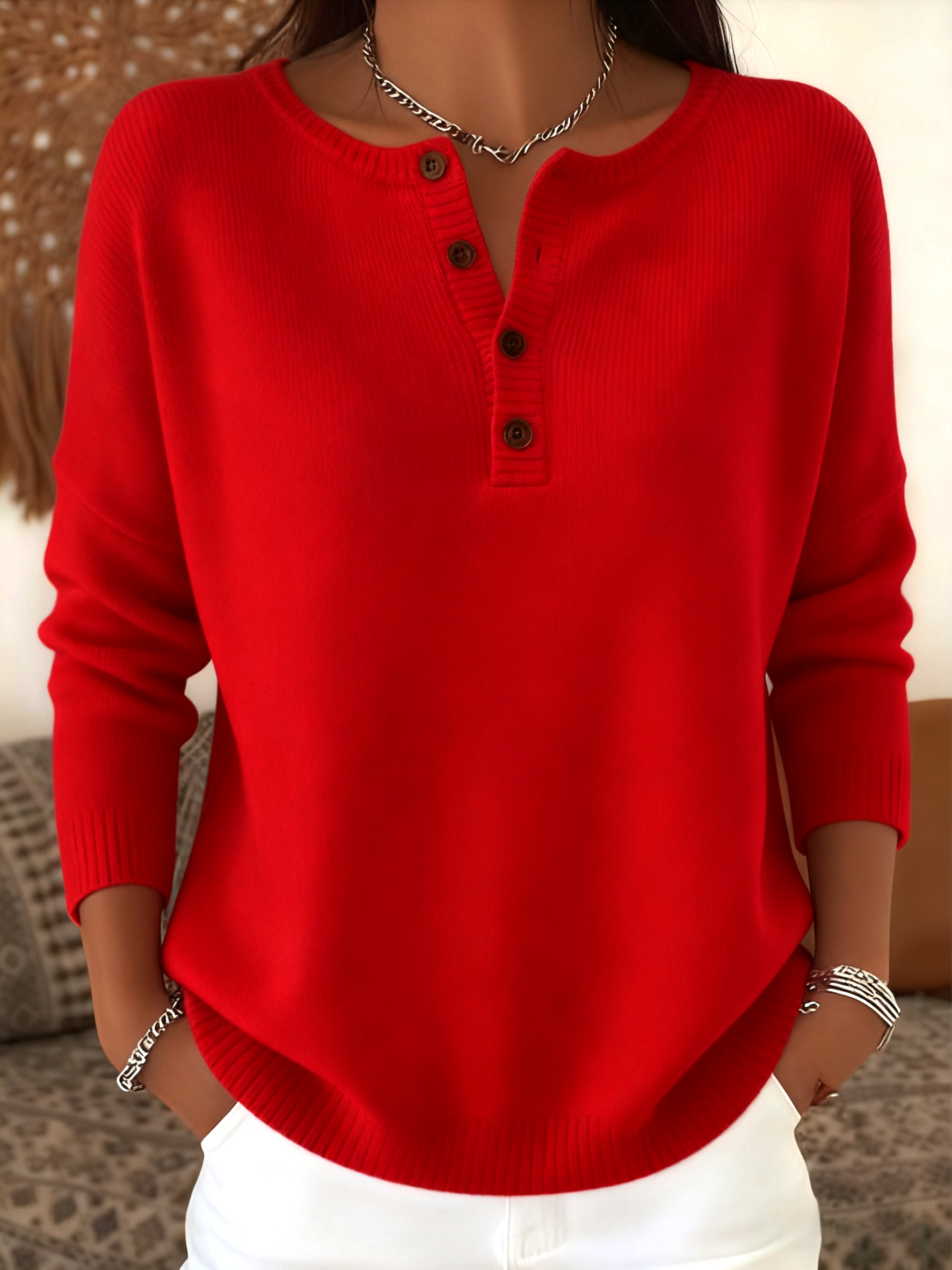 Casual Henley Collar Plain Sweater