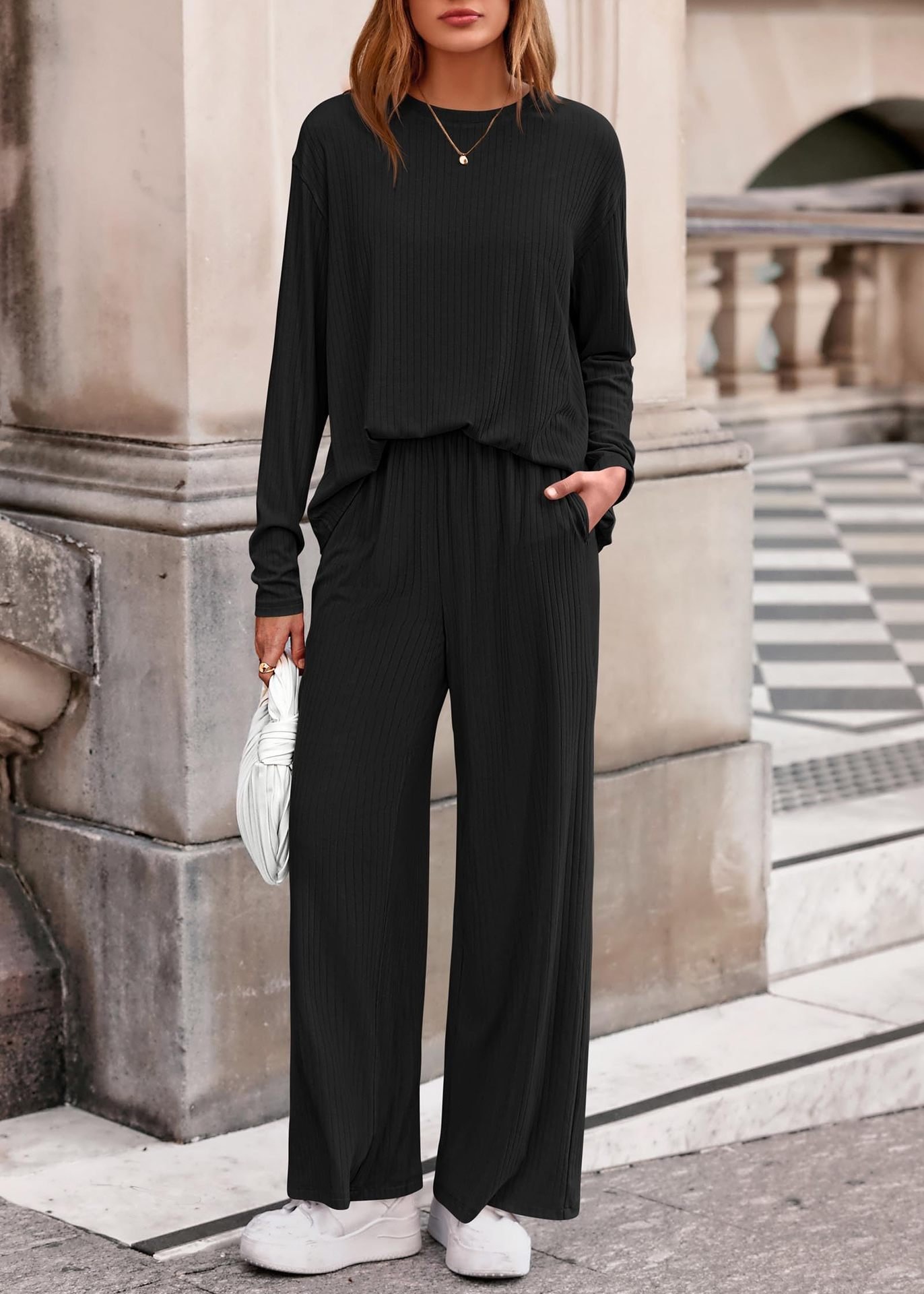 Casual Regular Fit Plain Crew Neck Two-Piece Set