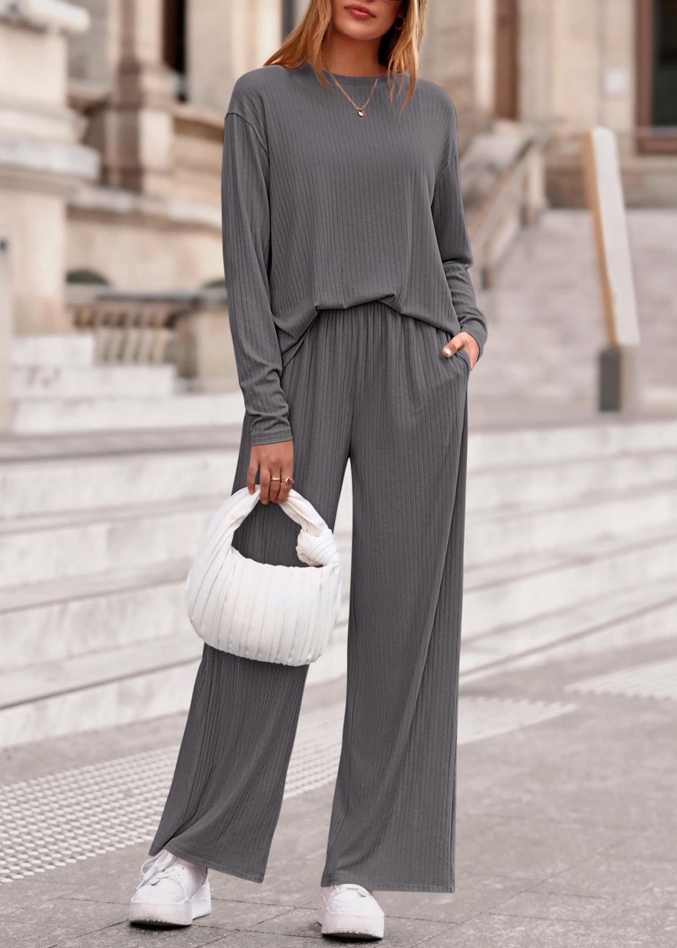 Casual Regular Fit Plain Crew Neck Two-Piece Set