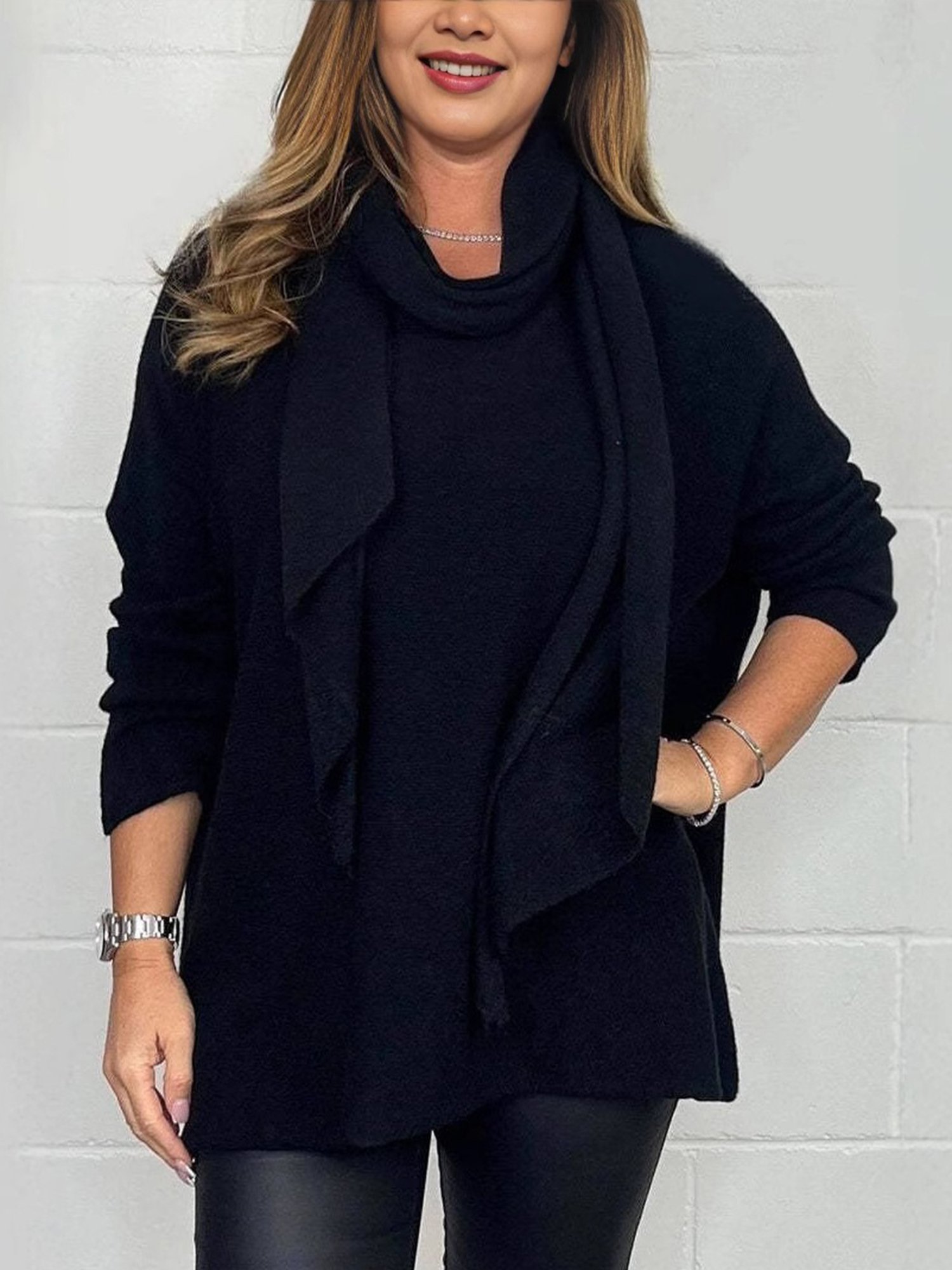 Casual Plain Crew Neck Blouse With Scarf