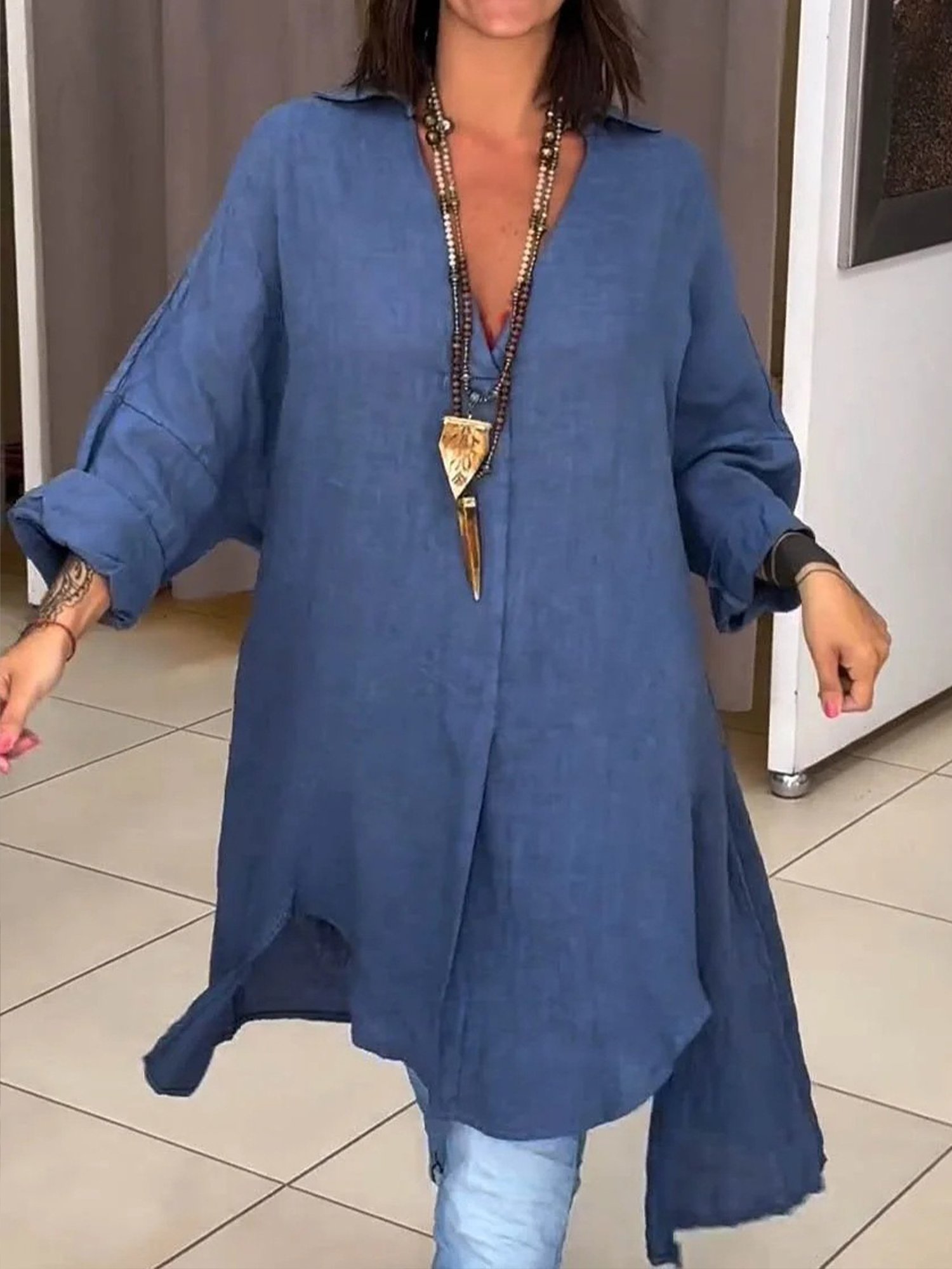 Casual Plain Loose Shirt Collar Blouse