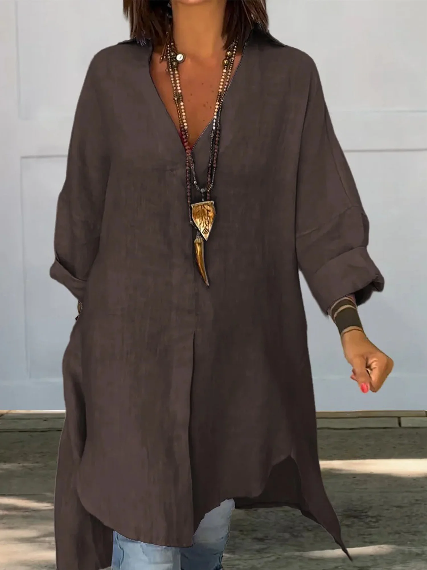 Casual Plain Loose Shirt Collar Blouse