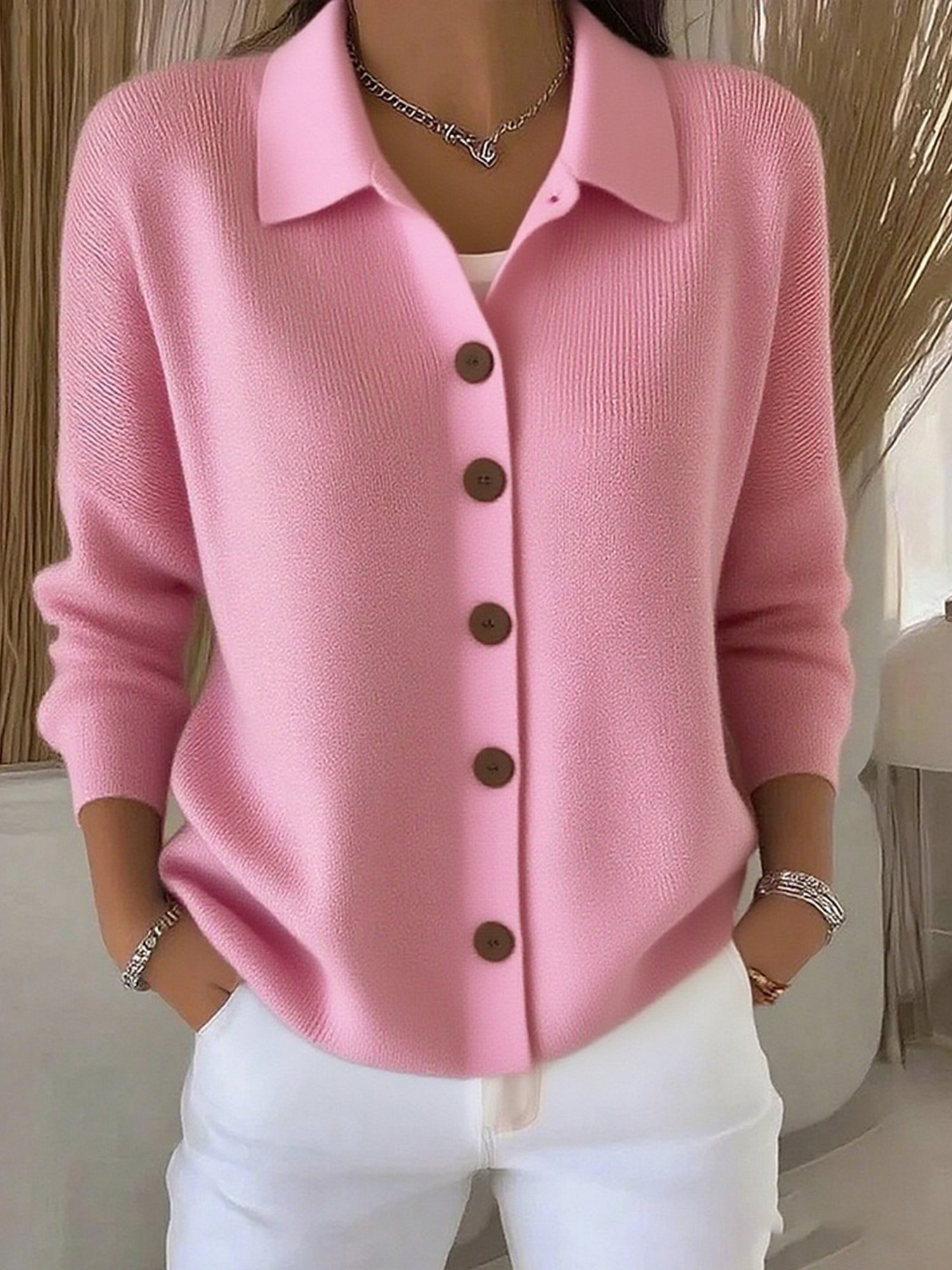 Casual Plain Buttoned Shirt Collar Cardigan