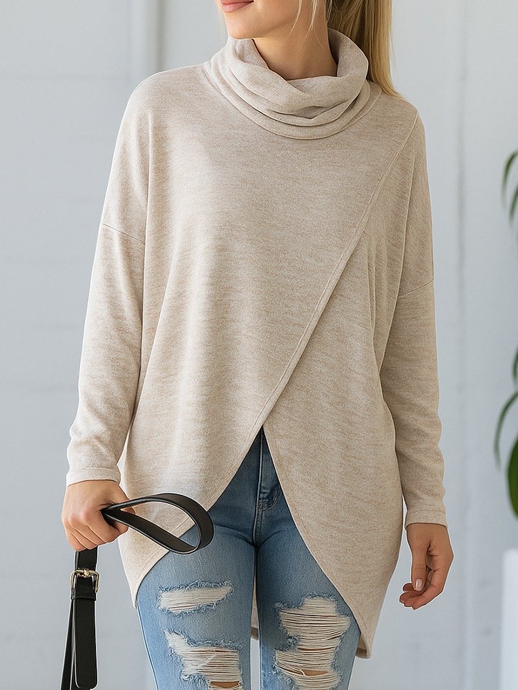 Women Plain Mock Neck Casual Long Sleeve T-shirt