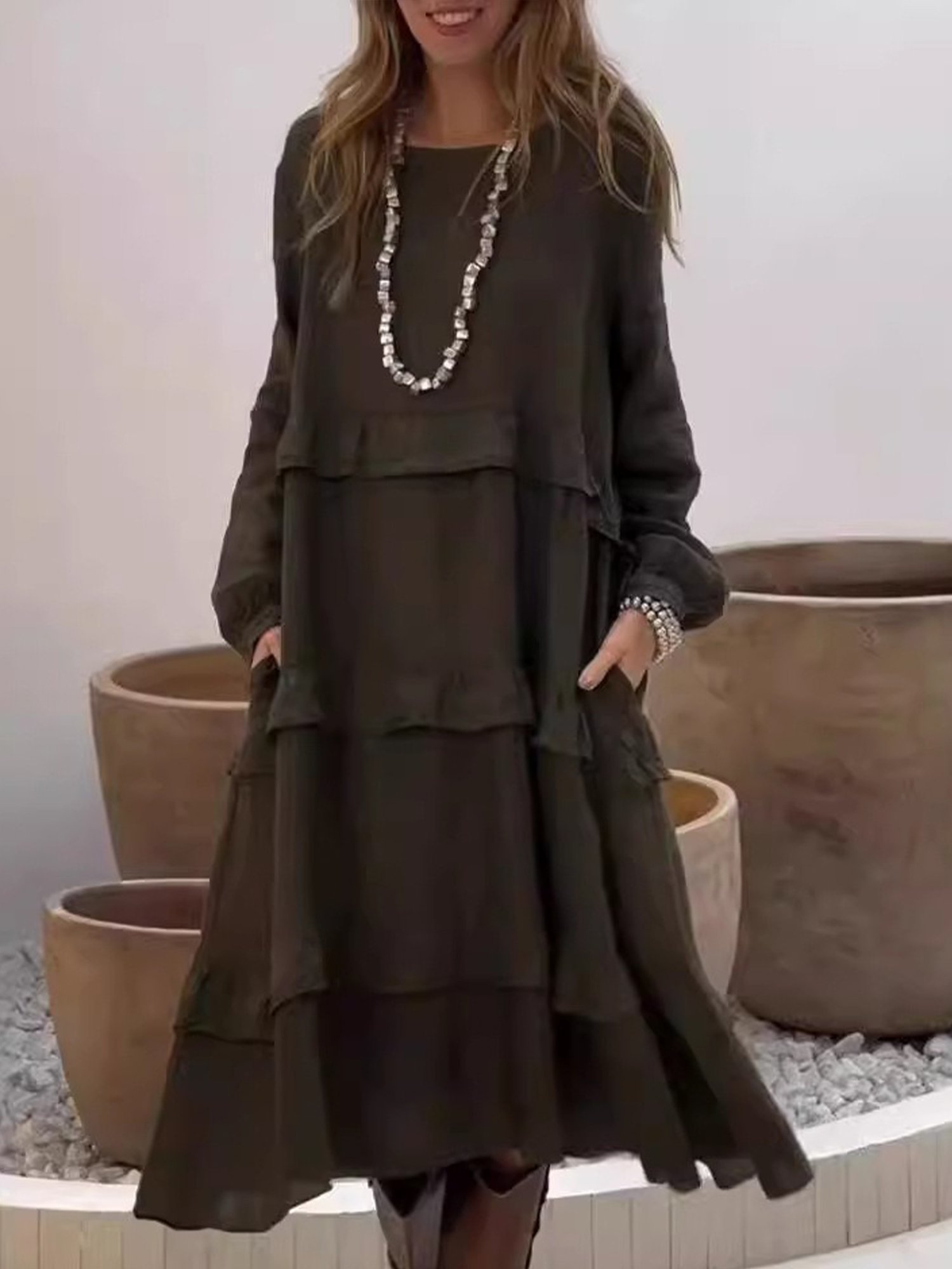 Casual Plain Peplum Crew Neck Midi Dress