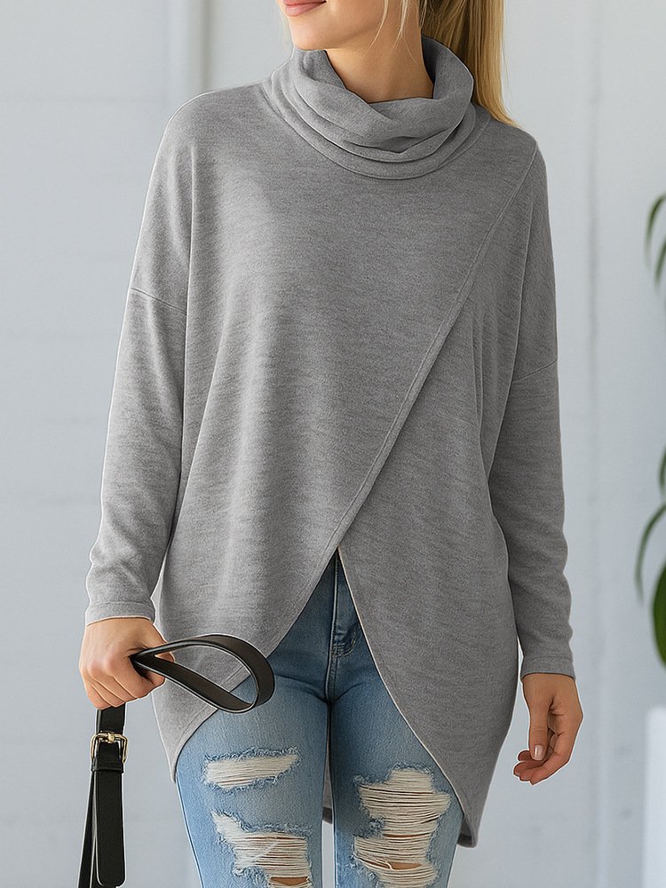 Women Plain Mock Neck Casual Long Sleeve T-shirt