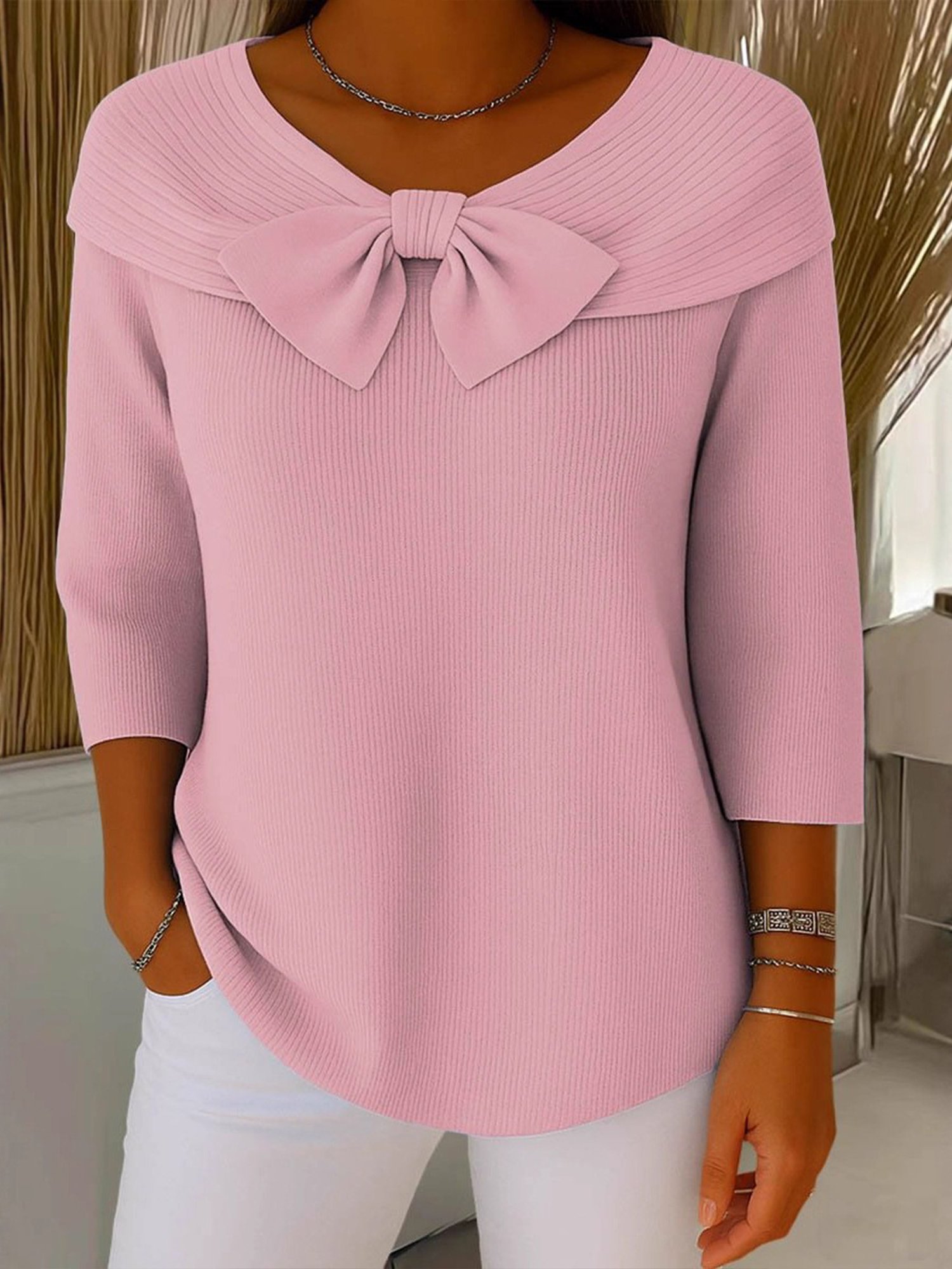 Urban Plain Bow Crew Neck Sweater