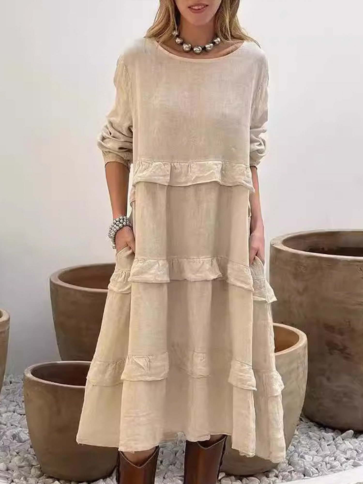 Casual Plain Peplum Crew Neck Midi Dress