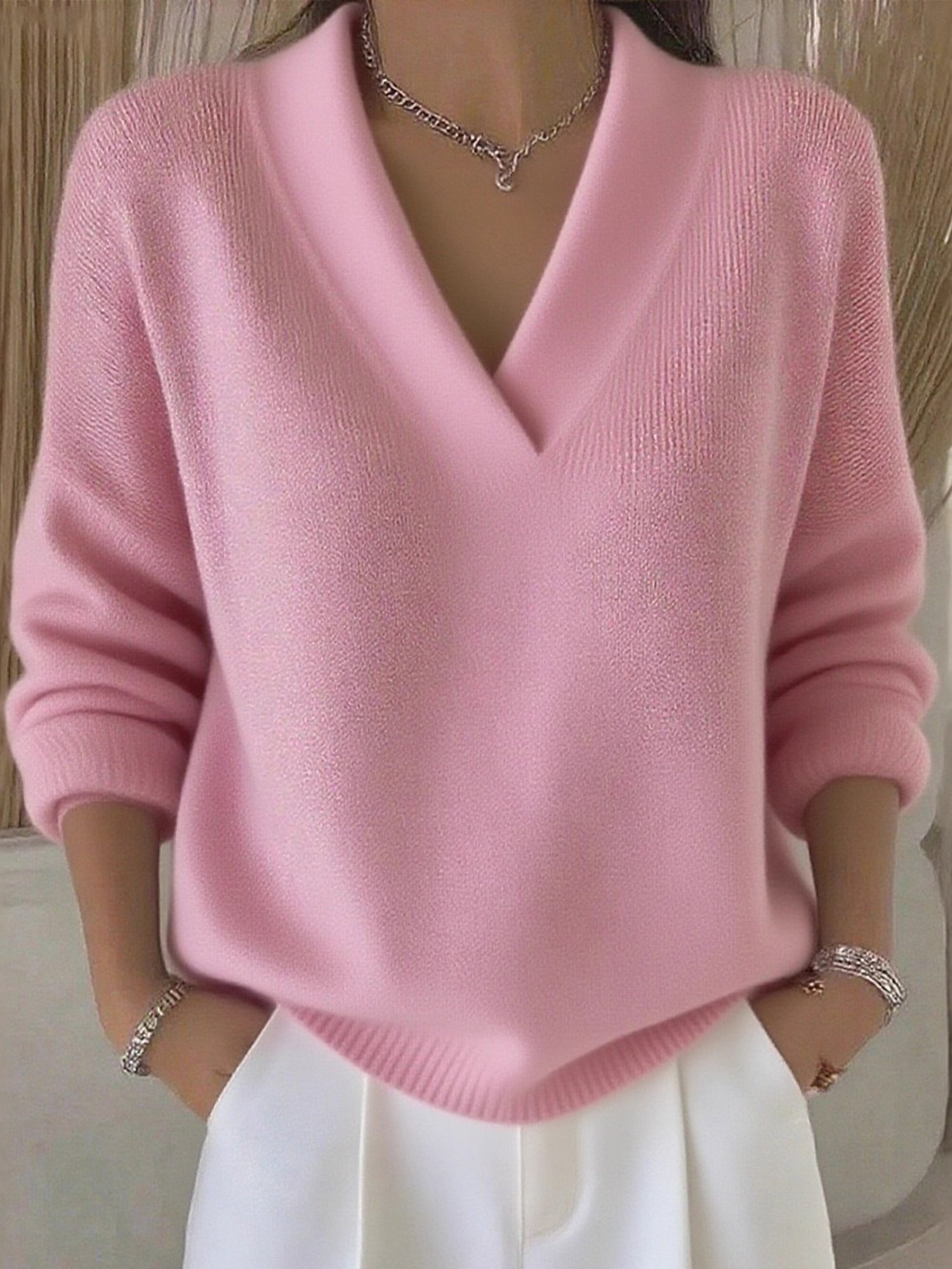 Casual Plain V Neck Sweater