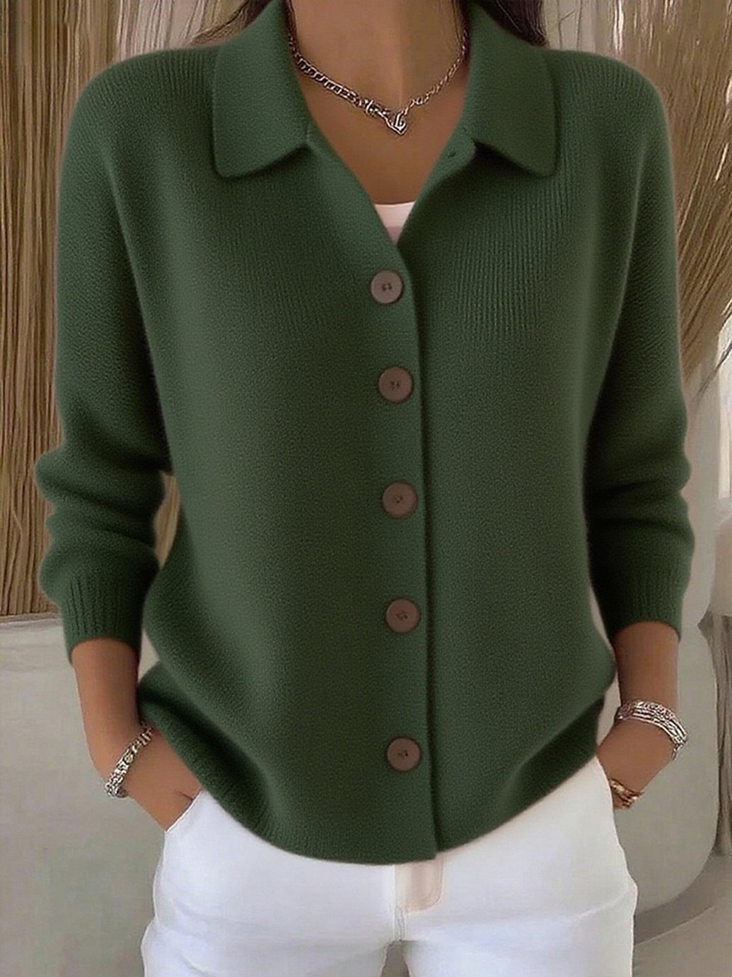 Casual Plain Buttoned Shirt Collar Cardigan
