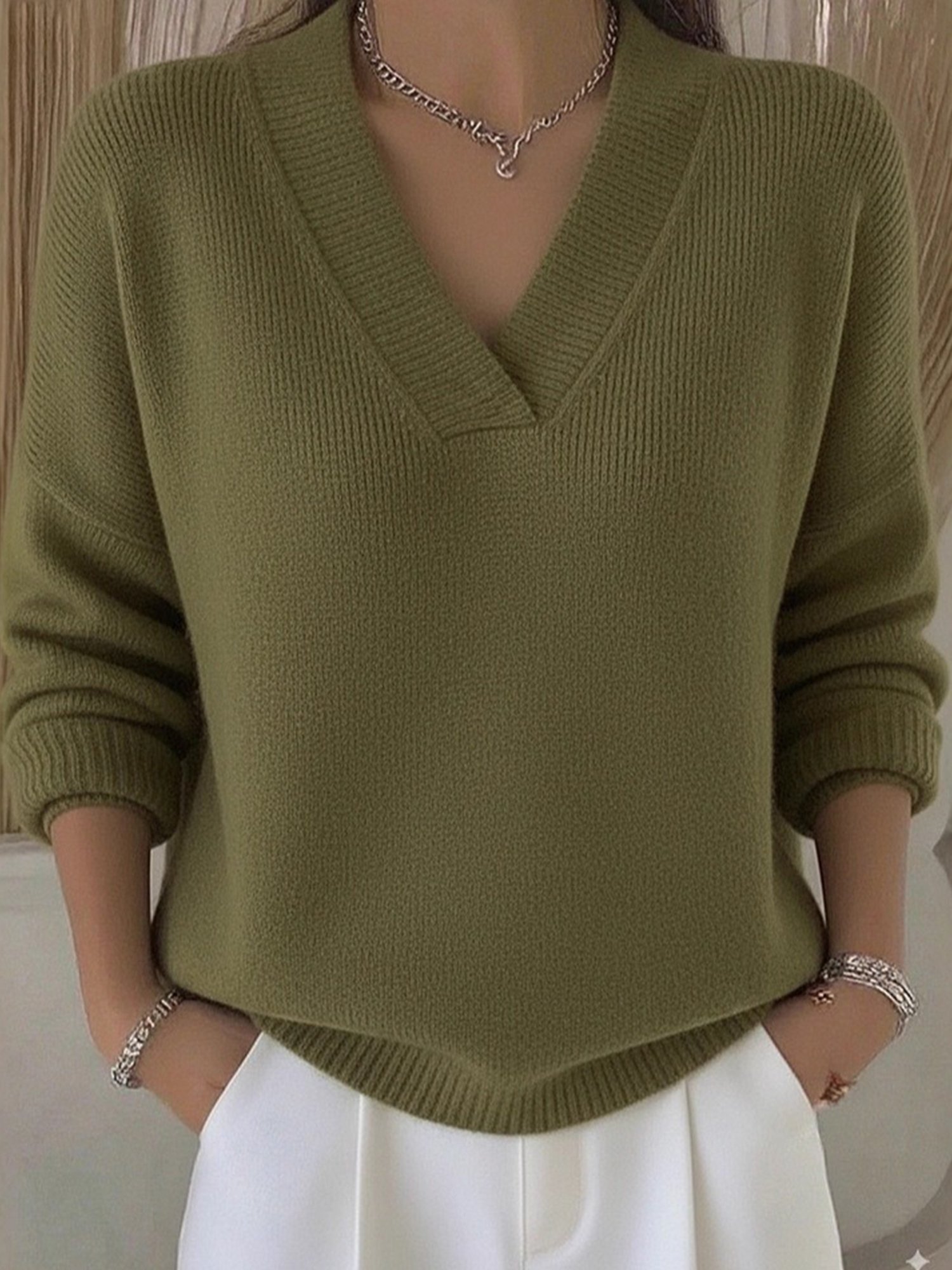 Casual Plain V Neck Sweater