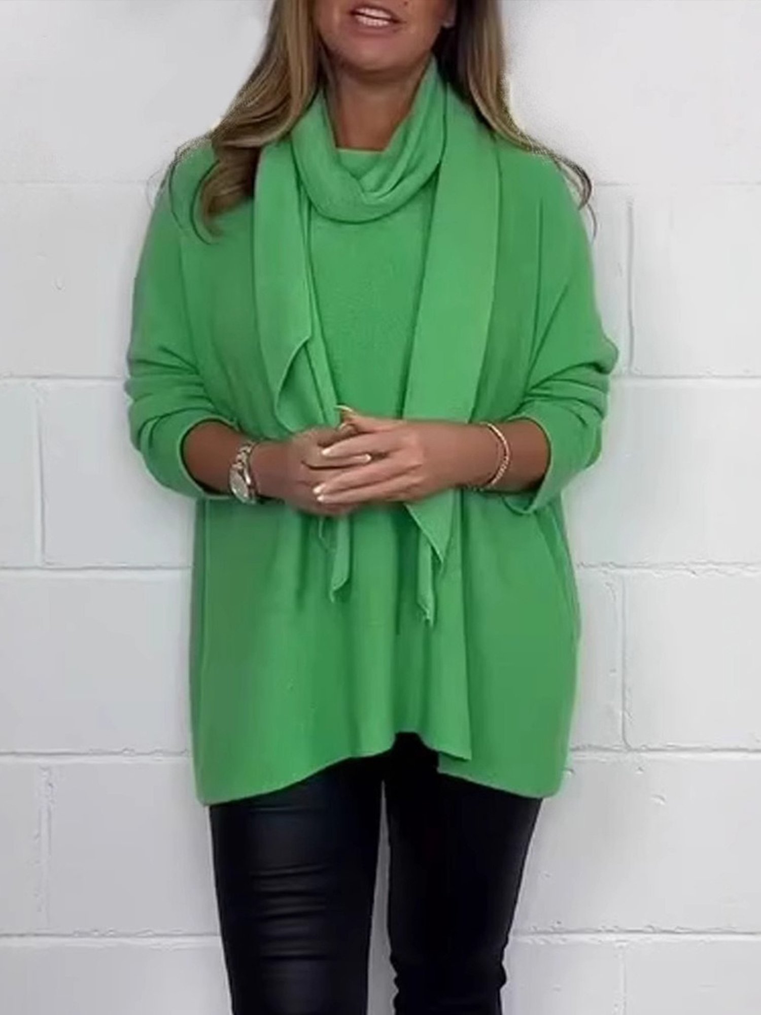 Casual Plain Crew Neck Blouse With Scarf