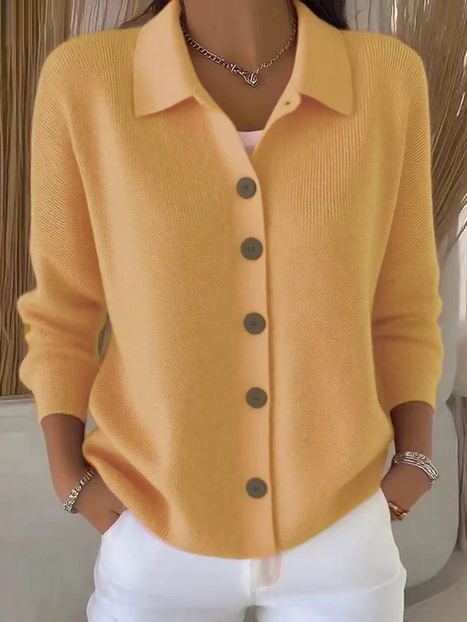 Casual Plain Buttoned Shirt Collar Cardigan