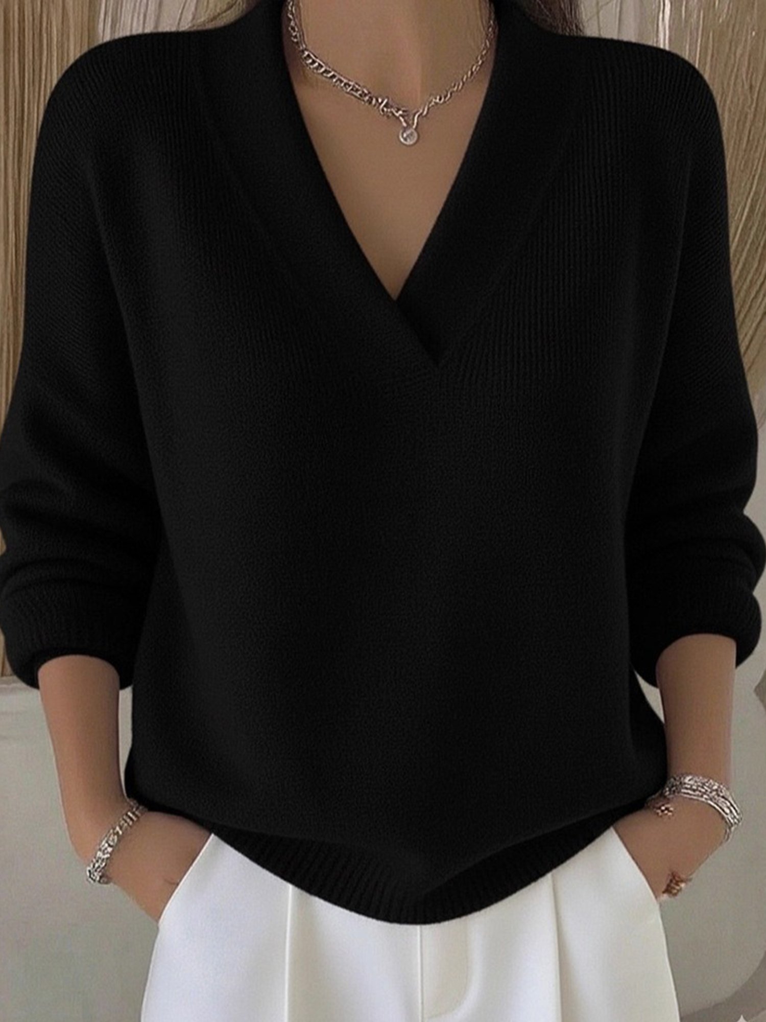 Casual Plain V Neck Sweater