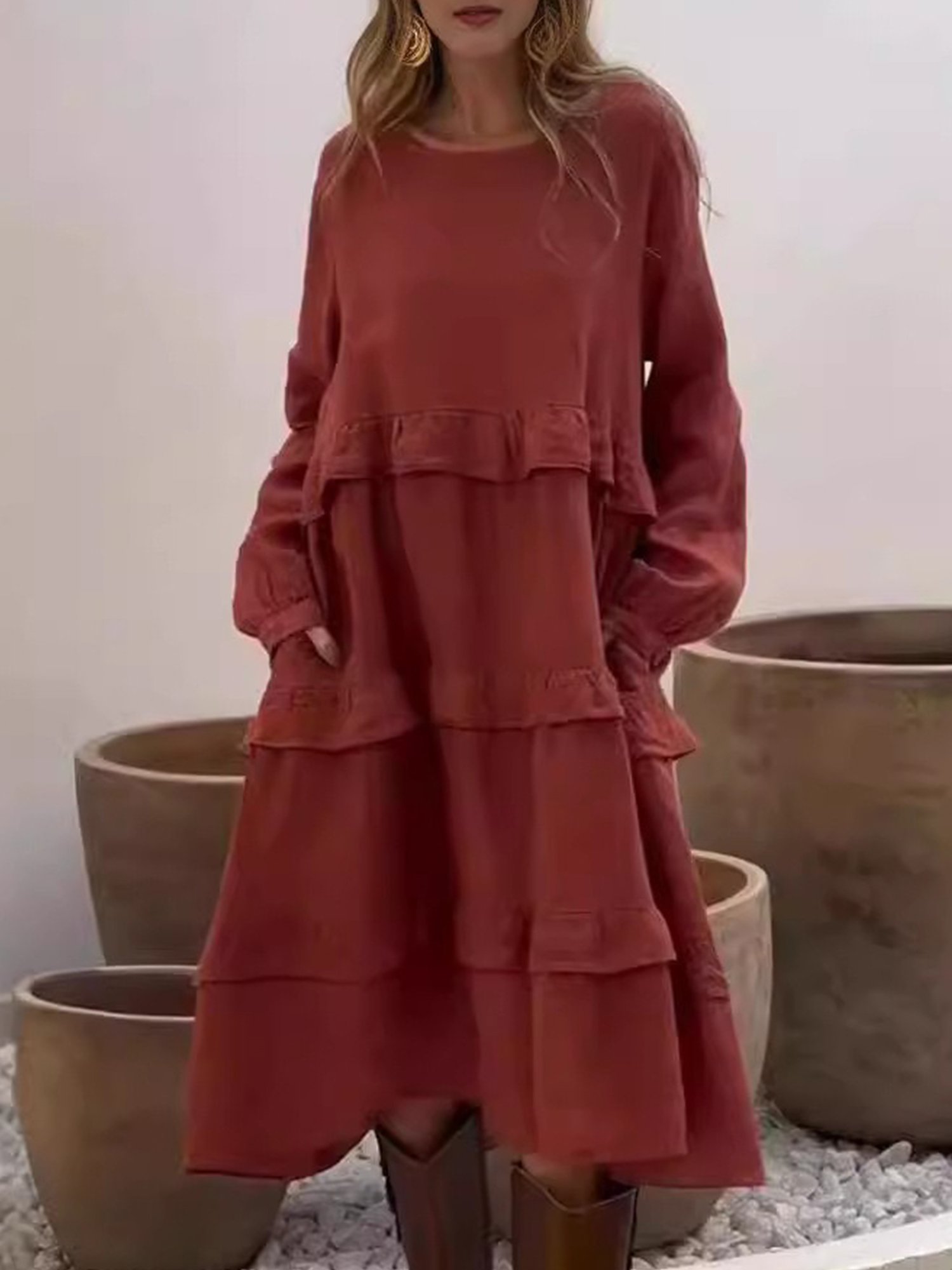 Casual Plain Peplum Crew Neck Midi Dress