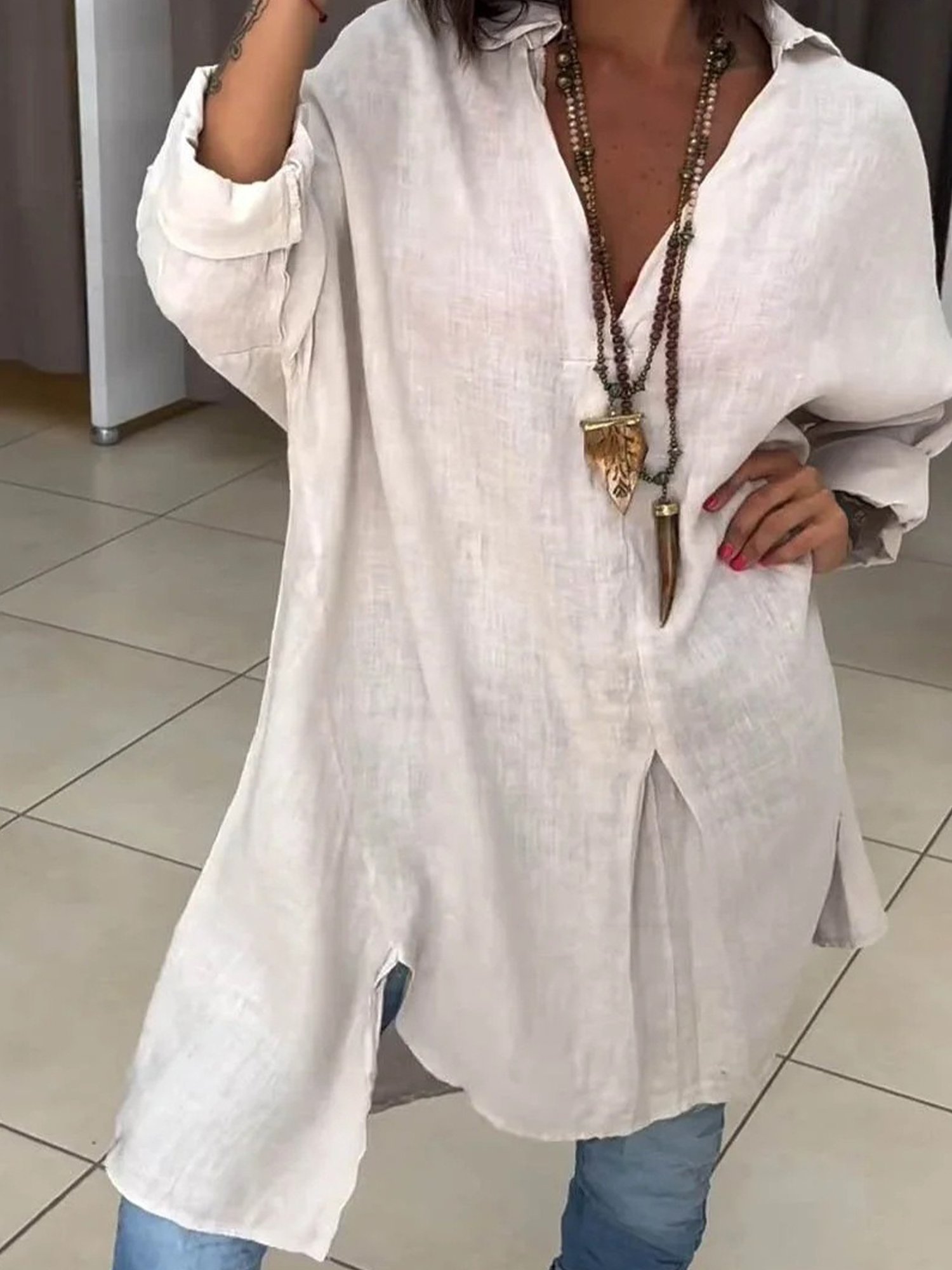 Casual Plain Loose Shirt Collar Blouse