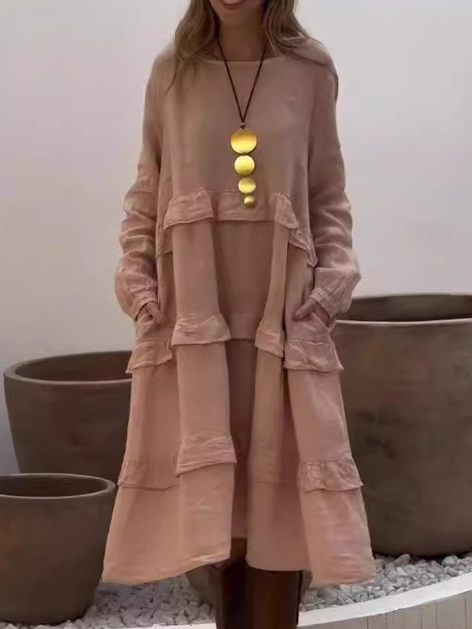 Casual Plain Peplum Crew Neck Midi Dress