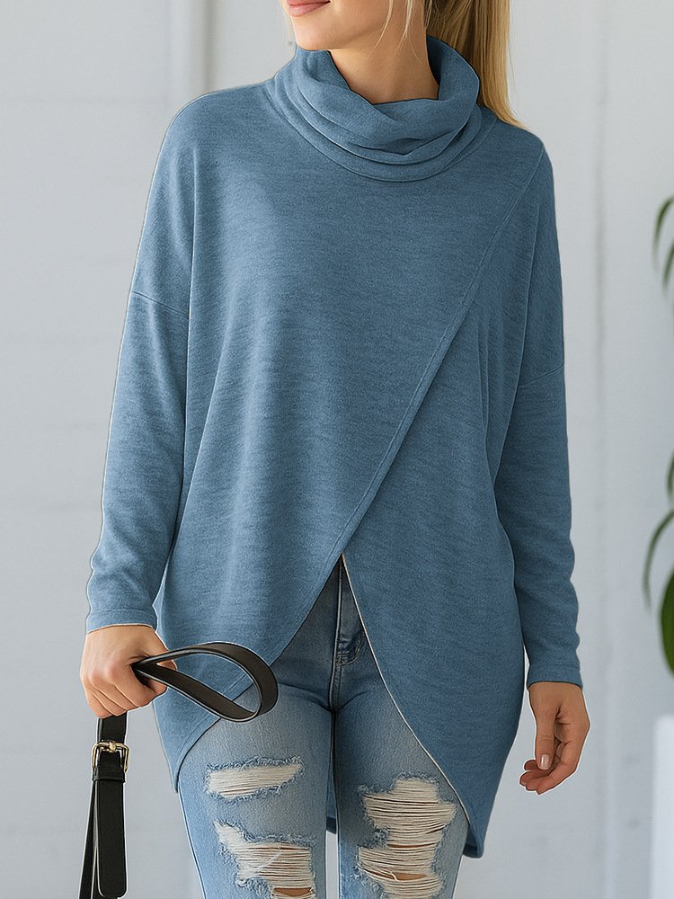 Women Plain Mock Neck Casual Long Sleeve T-shirt