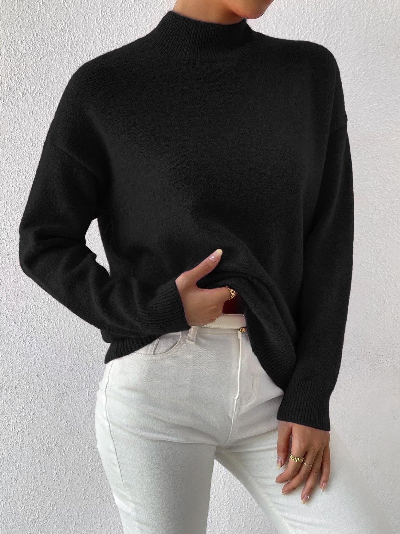 Plain Mock Neck Street Sweater
