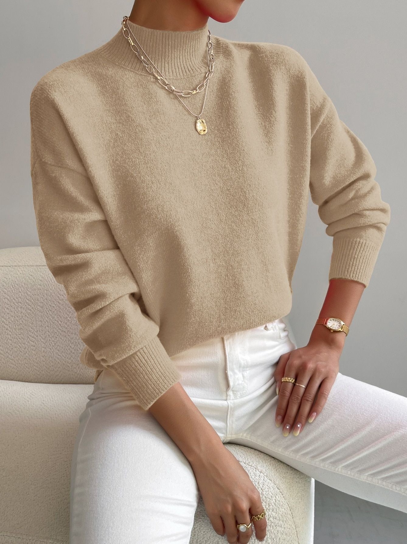 Plain Mock Neck Street Sweater