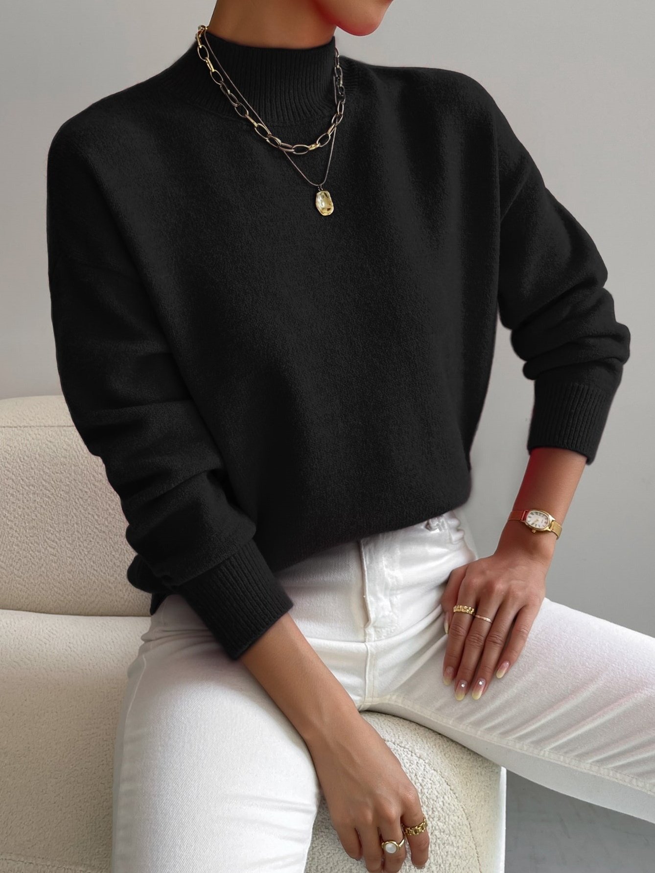 Plain Mock Neck Street Sweater