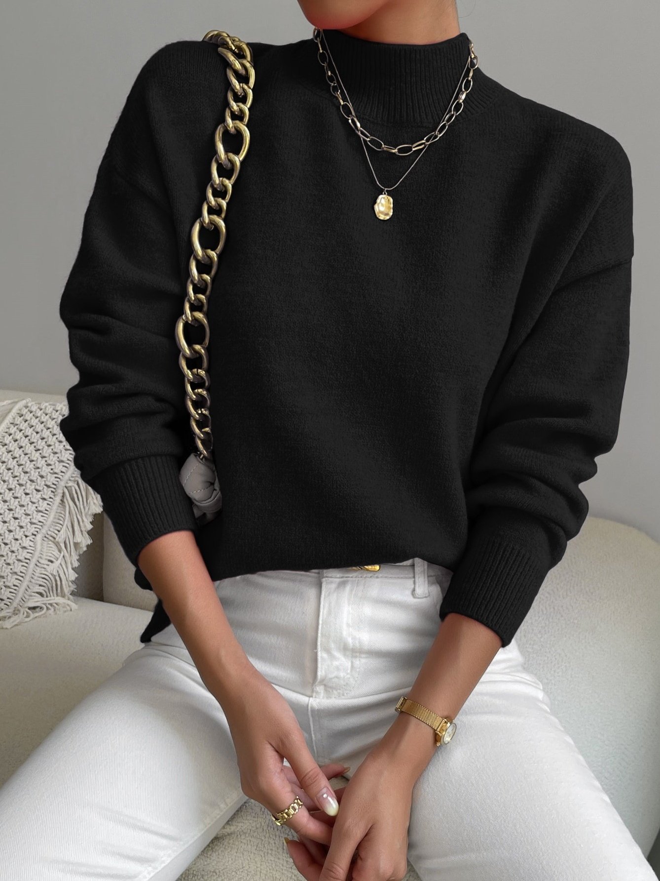Plain Mock Neck Street Sweater