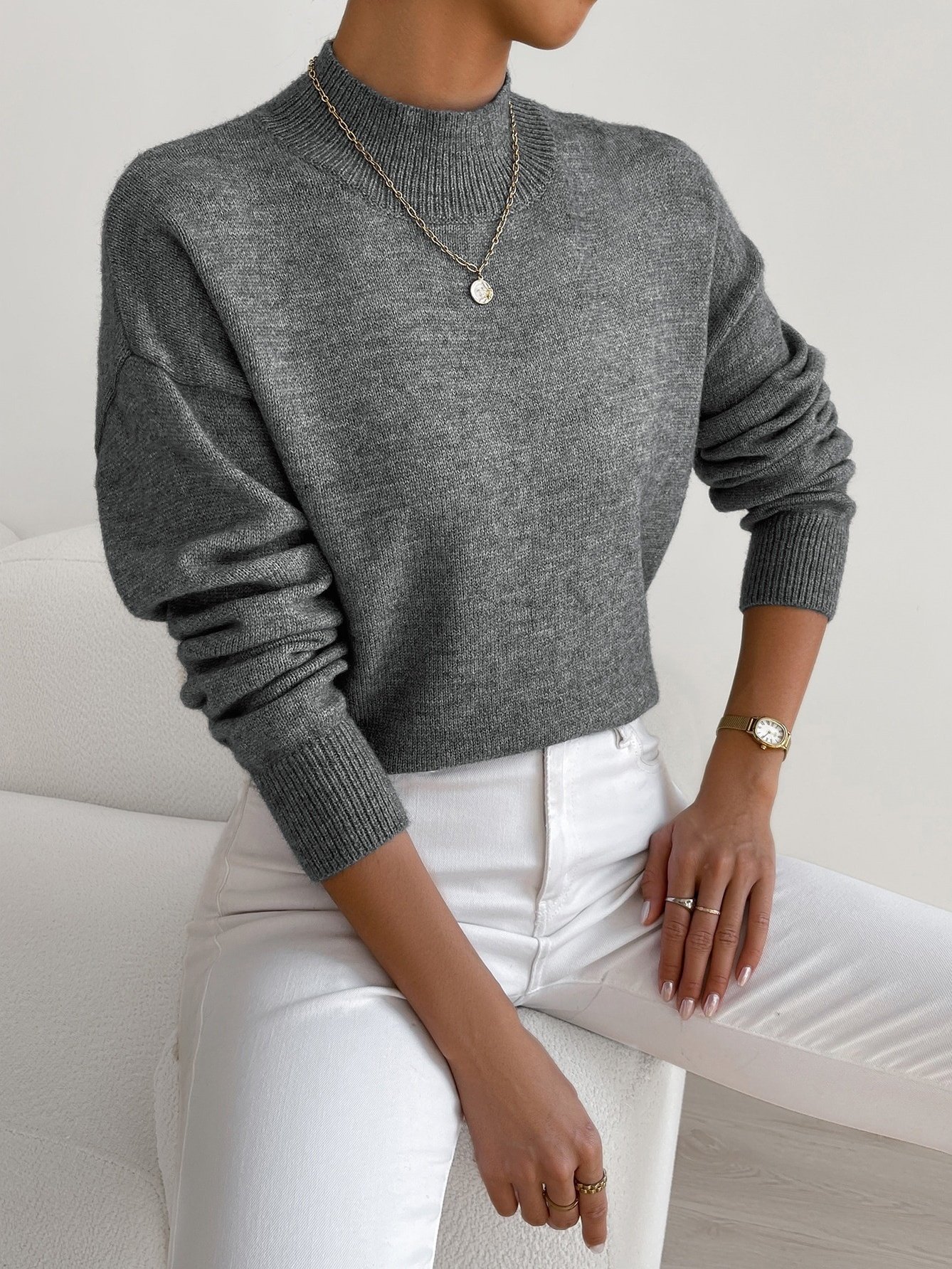 Plain Mock Neck Street Sweater