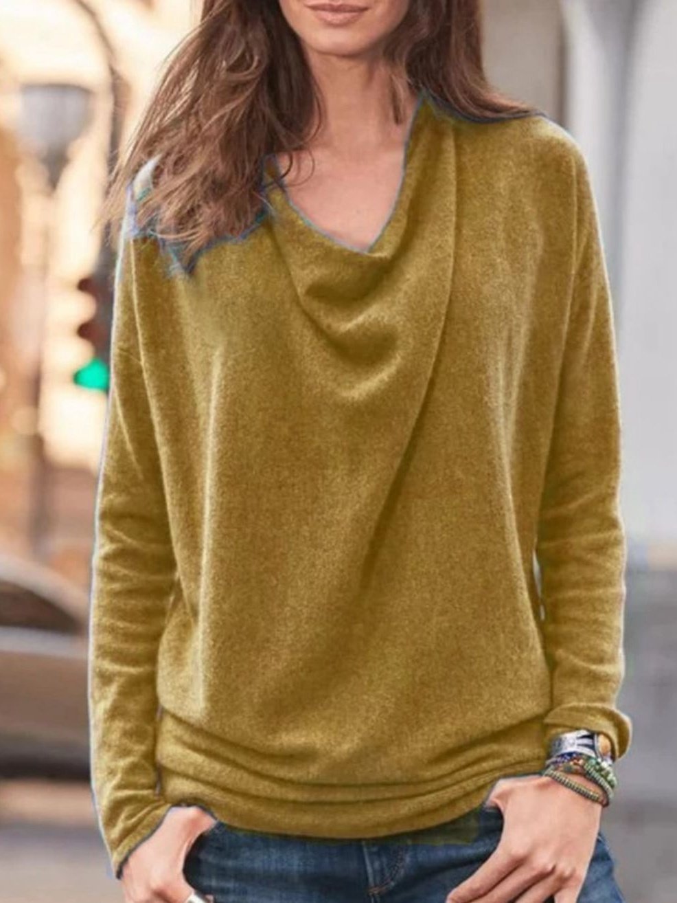 Women Plain Cowl Neck Vintage Long Sleeve T-shirt