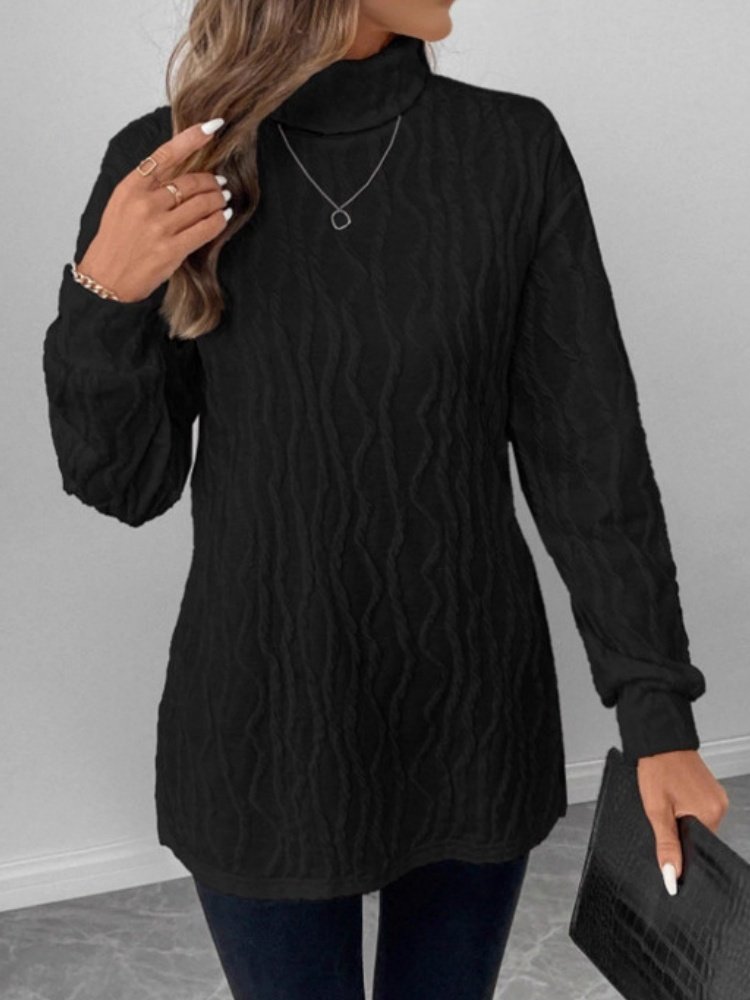 Women Plain Turtleneck Casual Long Sleeve T-shirt