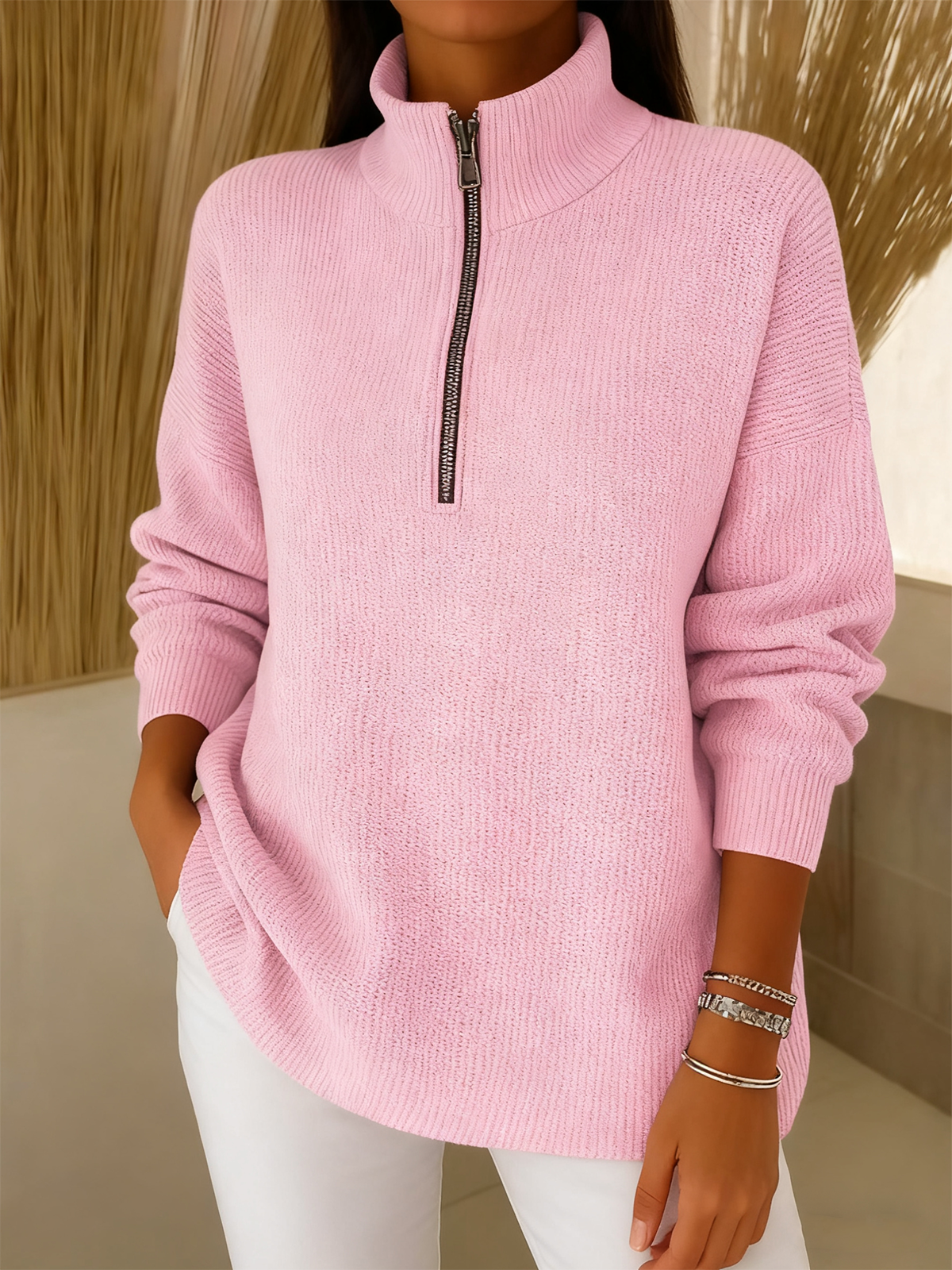 Mock Neck Plain Simple Loose Sweater