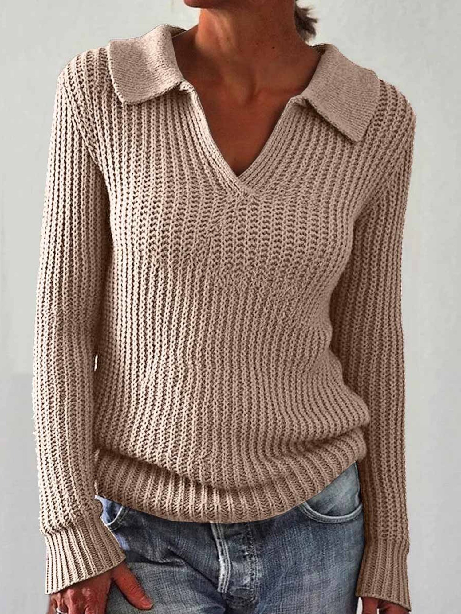 Casual Plain Polo Collar Sweater