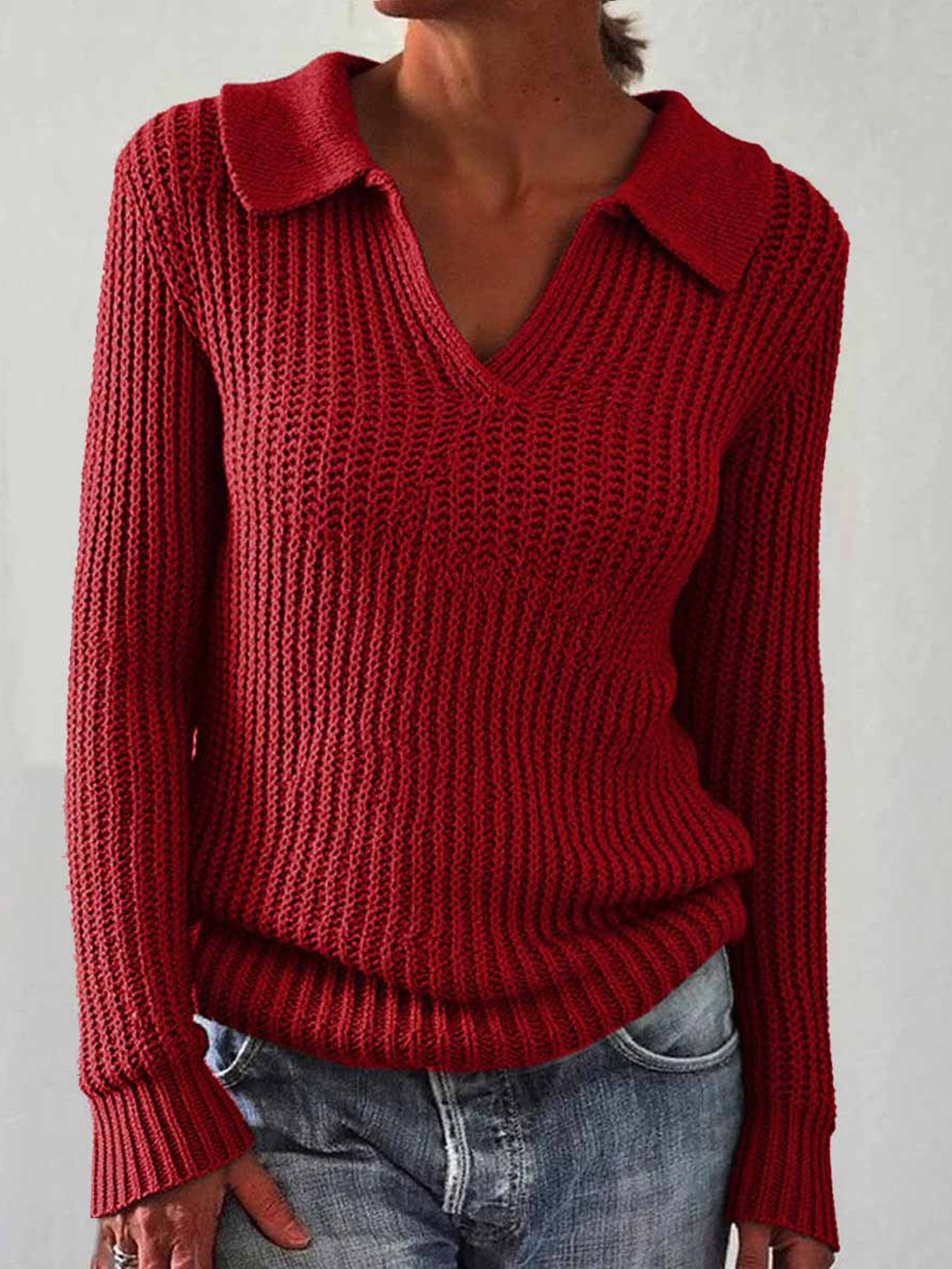 Casual Plain Polo Collar Sweater