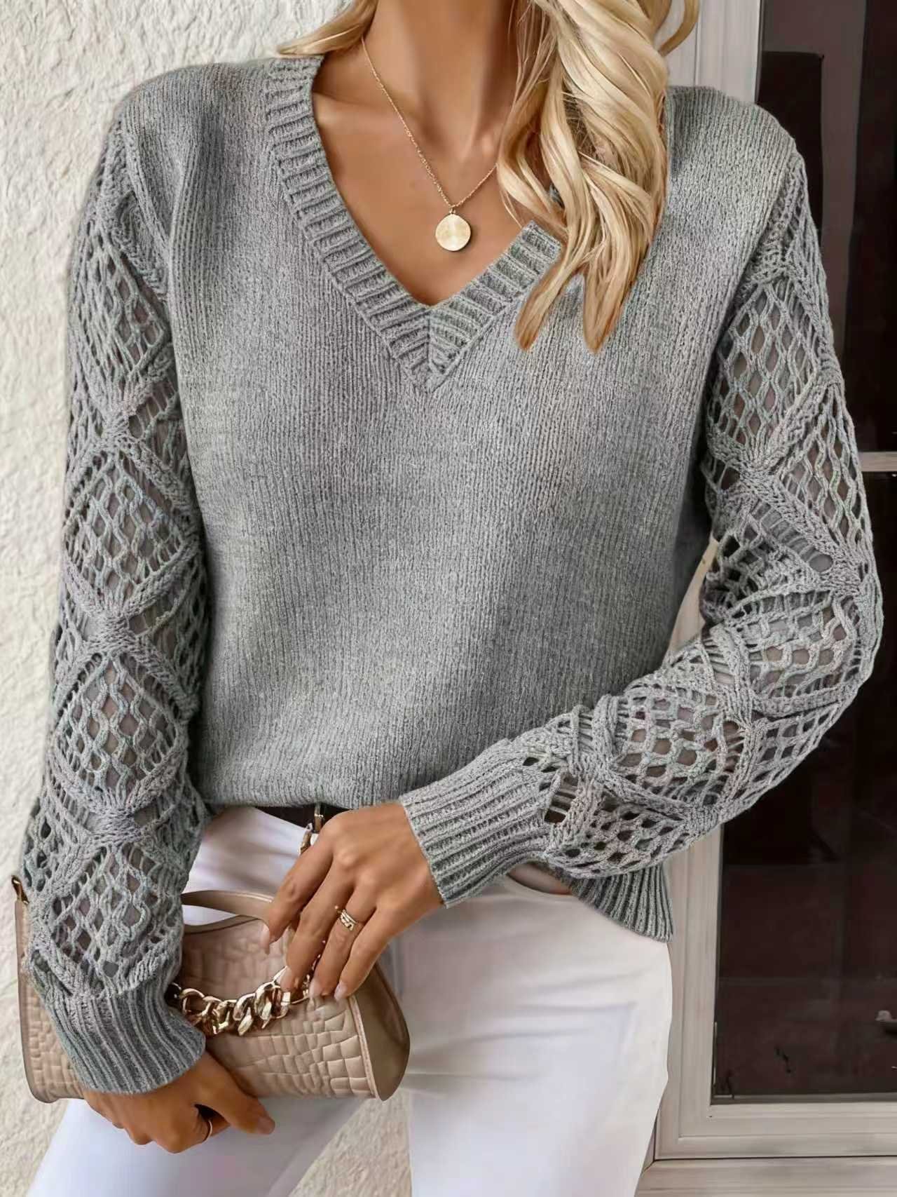 Basic Wool Hollow Knit Pullover Long Sleeve Crochet Jacquard Loose V-neck Bottoming Sweater