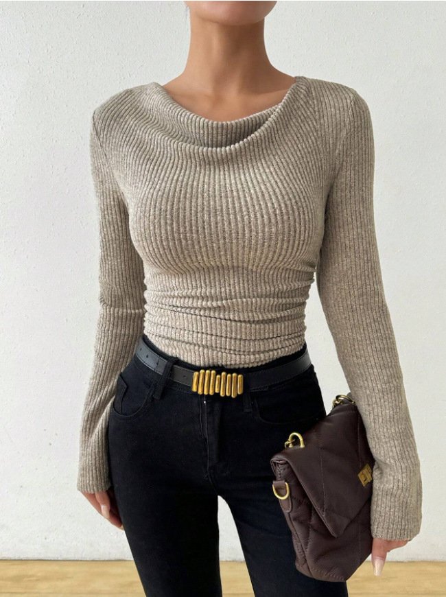 Women Plain Crew Neck Casual Long Sleeve T-shirt